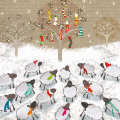 Christmas card with an image of lots of sheep wearing scarfs looking up at a tree decorated with Christmas stockings