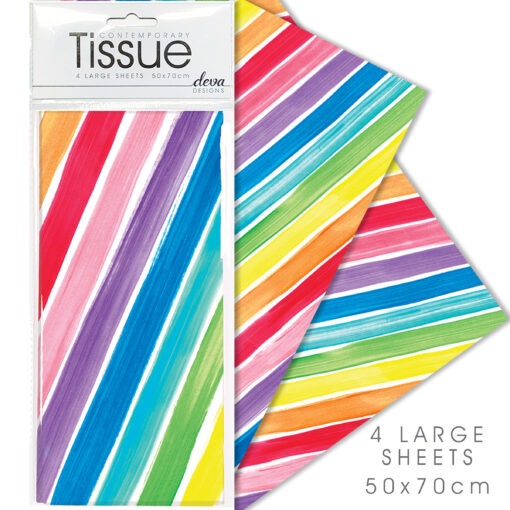 A pack of four large sheets of tissue paper. The tissue paper has a pattern of colourful stripes.