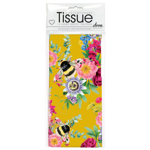 A pack of tissue paper which is yellow and decorated with flowers and bees. Four large sheets, each measuring 70cm x 50cm.
