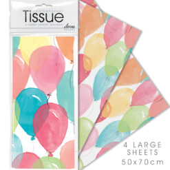 Pack of four sheets of tissue paper with a pattern of colourful balloons.
