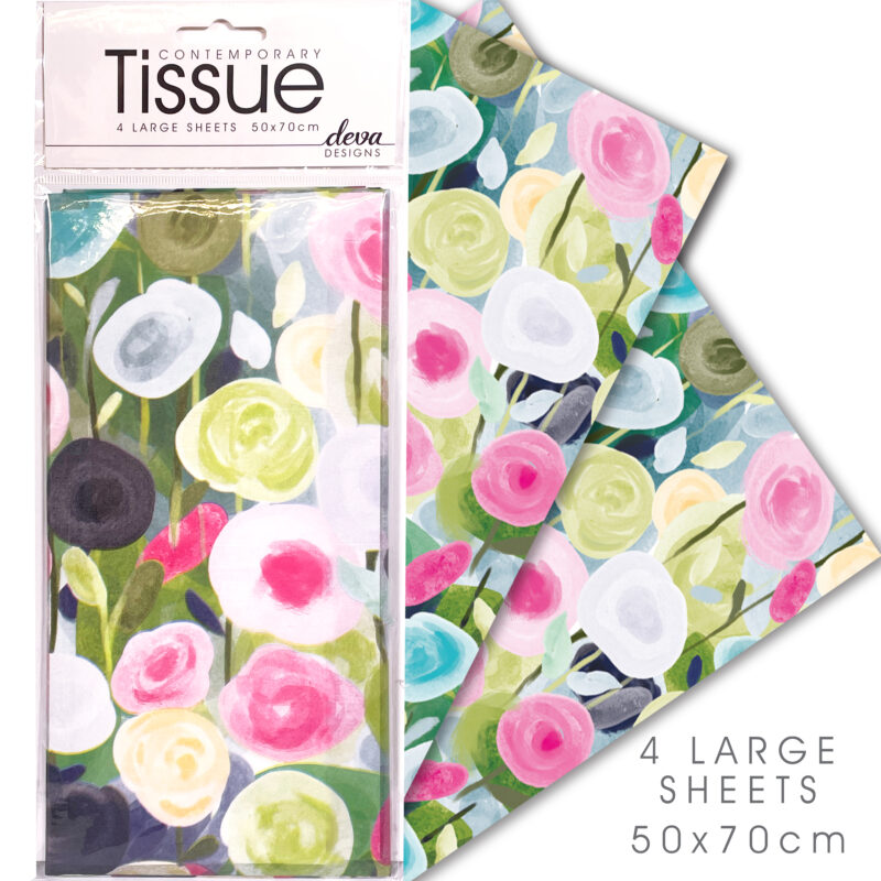 A pack of four sheets of tissue paper with a floral pattern.