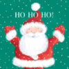 Charity Christmas card with a green background and an illustration of Father Christmas with his hands in the air. Text reads 'Ho Ho Ho'!'.