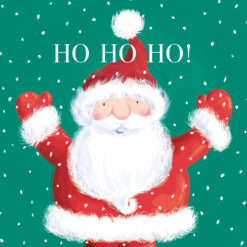 Charity Christmas card with a green background and an illustration of Father Christmas with his hands in the air. Text reads 'Ho Ho Ho'!'.