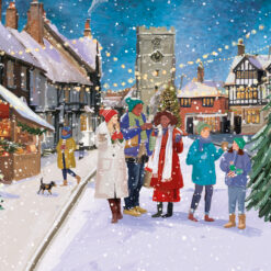Christmas card featuring a colourful illustration of people walking through a town in the snow.