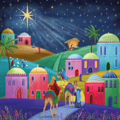 Charity Christmas card featuring a striking, colourful illustration of Bethlehem and the Northern Star shining brightly above.
