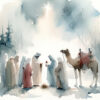 Christmas card with a water coloured painted image of the nativity scene with a camel