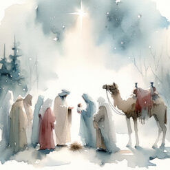 Christmas card with a water coloured painted image of the nativity scene with a camel