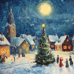 Christmas card with an image of tall decorated Christmas tree in a snowy village scene at night