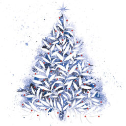 Christmas card with an image of a frosty Christmas tree with white foliage