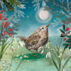 Christmas card with an image of a wren amongst winter foliage under the moon