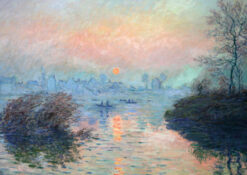 Christmas card with an image of a painting by Monet of a sunset scene on the Seine