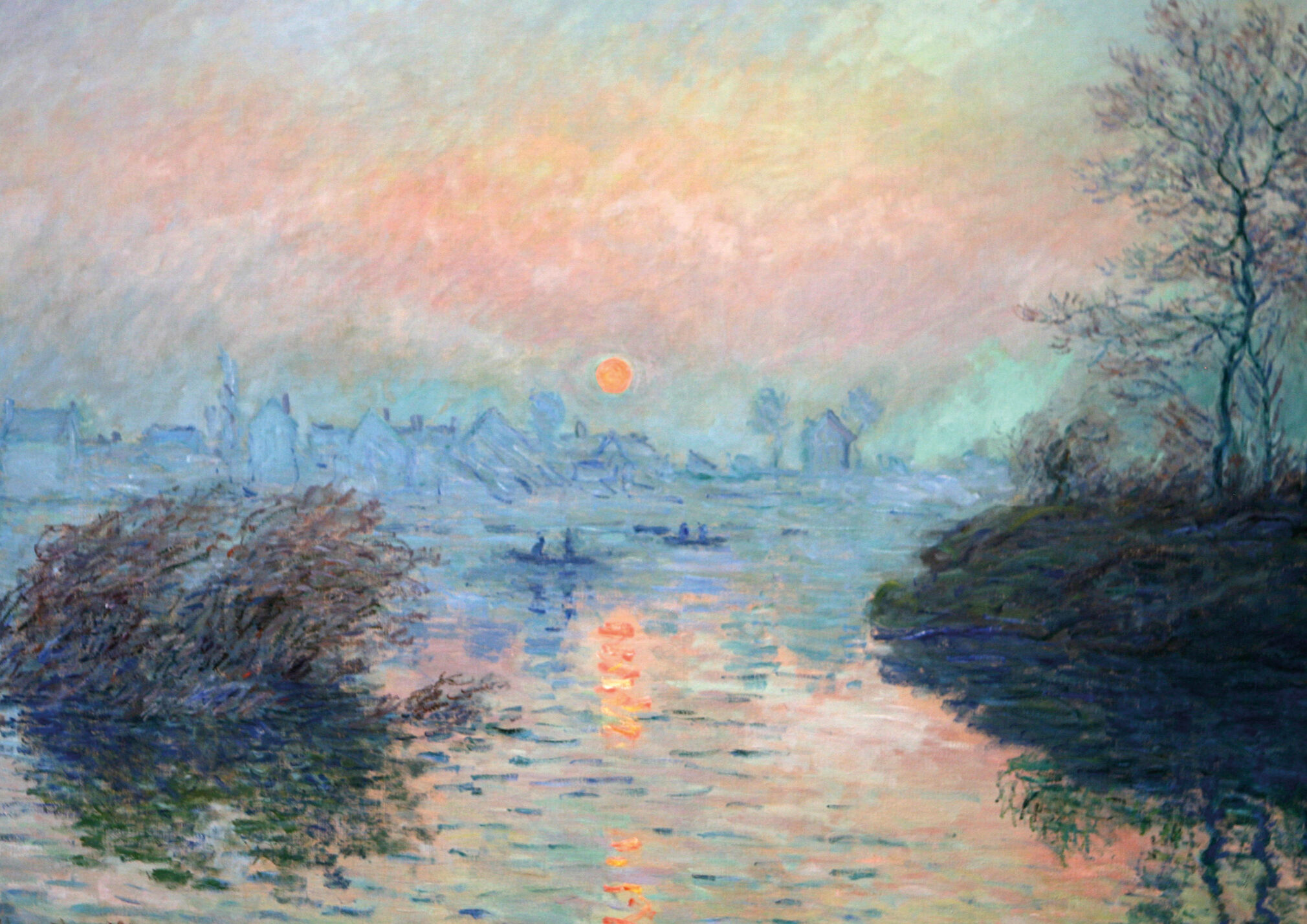 Christmas card with an image of a painting by Monet of a sunset scene on the Seine
