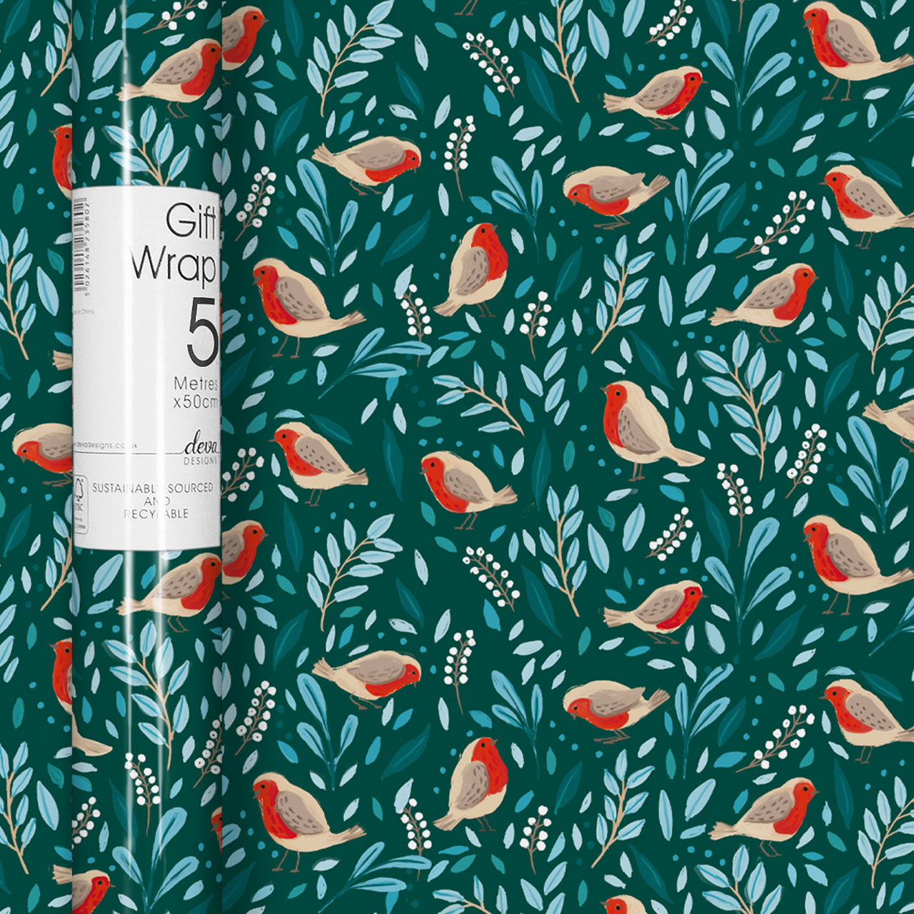 Christmas Wrapping paper with Robins and green foliage