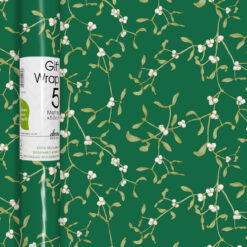 Christmas wrapping paper roll with mistletoe design on green background. 5 metres x 50 cm