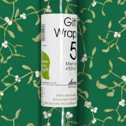 Christmas wrapping paper roll with mistletoe design on green background. 5 metres x 50 cm