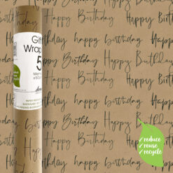 A roll of Kraft brown paper with a pattern of text reading 'happy birthday'. 5 metres by 50cm. A green leave has the text 'reduce, reuse, recycle'.