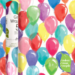 A 5 metre roll of wrapping paper with colourful balloons pattern. The paper is fully recyclable.