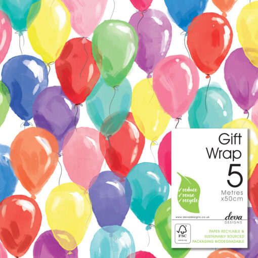 A 5 metre roll of gift wrap with a pattern of colourful balloons. The paper has a green sticker reading 'reduce, reuse, recycle'.