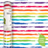 A roll of wrapping paper which is white with colourful rainbow stripes. The roll is 5 metres long and is fully recyclable.