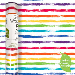 A roll of wrapping paper which is white with colourful rainbow stripes. The roll is 5 metres long and is fully recyclable.