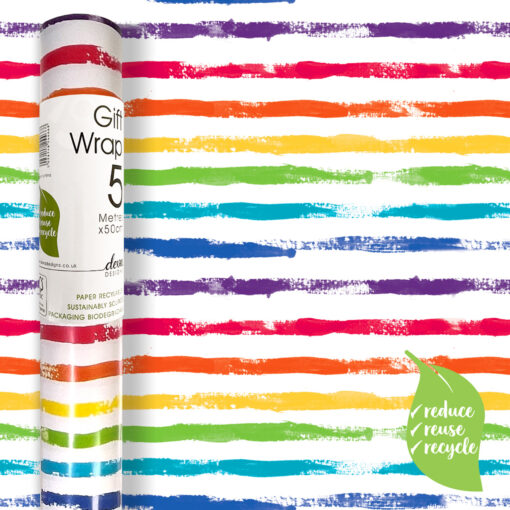 A roll of wrapping paper which is white with colourful rainbow stripes. The roll is 5 metres long and is fully recyclable.