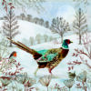 Christmas card with an image of a pheasant in a snowy scene with a robin and a wren.