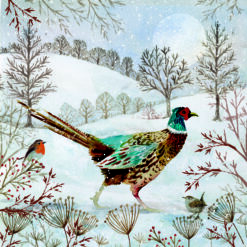 Christmas card with an image of a pheasant in a snowy scene with a robin and a wren.