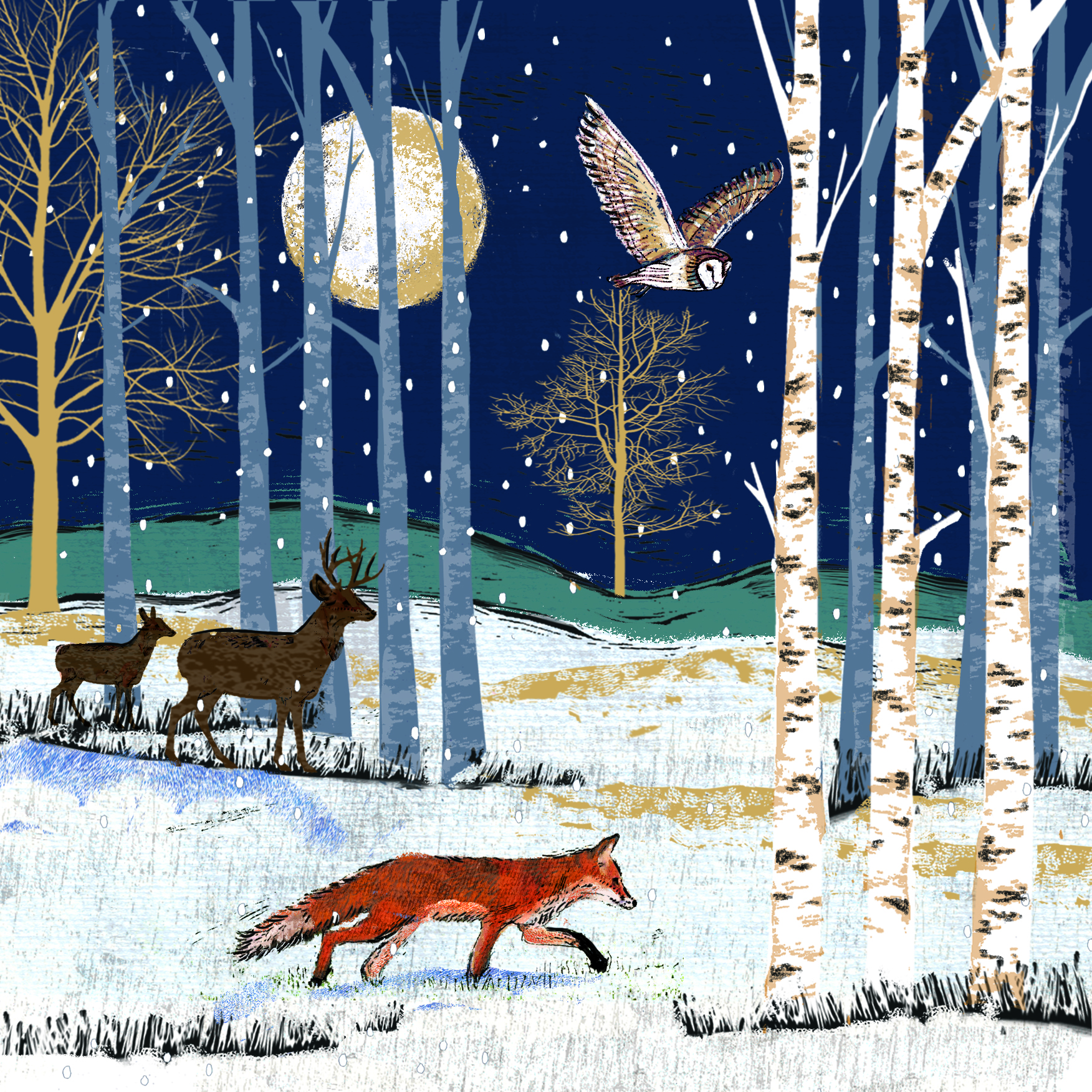 Christmas card with an image of a fox, owl and dear walking through a winter forest