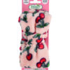 A soft fabric head band which is pink with a red cherry pattern. Text on the cardboard packaging reads 'I'm soft and comfortable' and 'You can Wash Me'.