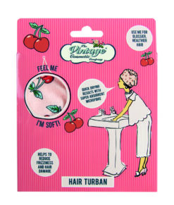 The Vintage Cosmetic Company Cherry Hair Turban. The pink packet has the messages 'Use me for glossier, healthier hair', 'Quick Drying results with super absorbent microfibre' and 'Helps to reduce frizziness and hair damage'.