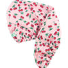 A pink hair turban covered with a red and green cherry pattern.