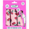 A pack of 3 make up removal cloths which are pink and have a red cherry pattern. Text on the packet reads 'I'm reusable' and 'Removes make up using only water'.