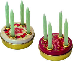 Two small round tins with festive designs and 4 small holes on the lid. Each hole has a mini candle standing in it.