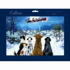 Advent calendar featuring an illustration of five dogs looking up at Santa as he flies over a snowy town with his reindeer.