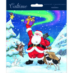 Advent calendar card featuring a cartoon illustration of Father Christmas holding up a gift. He is surrounded by animals and a snow covered Christmas tree. The Northern Lights are on display in the sky.