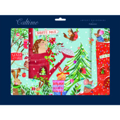 Advent calendar featuring a cartoon illustration of animals, Christmas trees, gifts and gifts. A sign says 'North Pole'.
