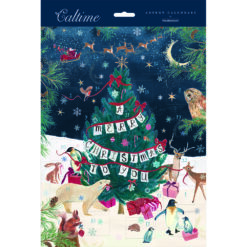 Advent calendar with an illustration of a Christmas tree surrounded by woodland animals and Father Christmas flying overhead.