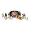 16 cardboard figures and animals depicting the nativity scene.