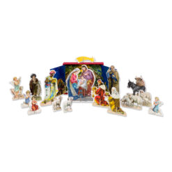 16 cardboard figures and animals depicting the nativity scene.