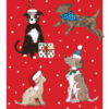 Christmas money wallet with illustrated dogs in festive outfits and hats, set against a red background with falling snow.