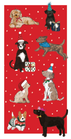Christmas money wallet with illustrated dogs in festive outfits and hats, set against a red background with falling snow.