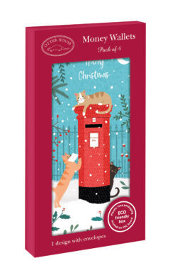 Pack of Christmas money wallets showing cats playing around a red postbox in a snowy scene, with “Merry Christmas” written above. In ECO friendly packaging.