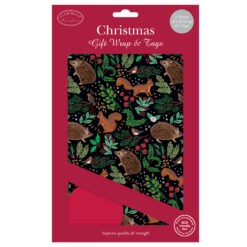 Black Christmas wrapping paper with woodland animals including hedgehogs, squirrels, and festive greenery; includes matching tags in eco-friendly packaging.