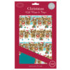 Pack of Christmas gift wrap and tags featuring cartoon highland cows in scarves and Santa hats with festive decorations on a snowy background.