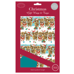 Pack of Christmas gift wrap and tags featuring cartoon highland cows in scarves and Santa hats with festive decorations on a snowy background.