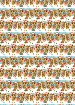 Christmas wrapping paper with repeating rows of cartoon Highland cows in festive scarves and Santa hats, surrounded by baubles, presents, and snowy details.