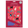 Red Christmas gift wrap with playful cats, stars, and presents; includes matching tags in plastic-free packaging.