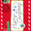 Red Christmas money wallet styled as North Pole mail, with festive stamps, snowflakes, and “Merry Christmas” in script.