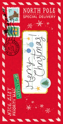 Red Christmas money wallet styled as North Pole mail, with festive stamps, snowflakes, and “Merry Christmas” in script.