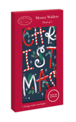 Boxed set of 4 Christmas money wallets with navy background and festive “Christmas” lettering in candy cane and snow-dusted styles, accented with holly and mistletoe.